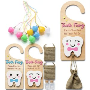 Tooth Fairy Door Hanger 16 Pcs with Burlap Pouch, Glass Bottle & Boxes-0