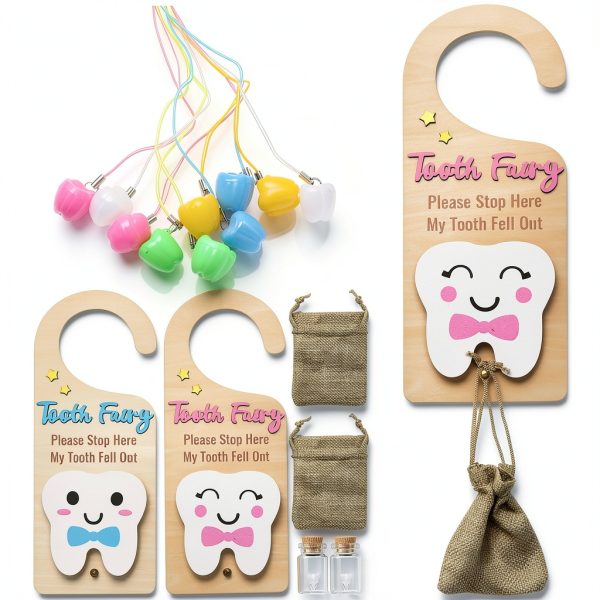 Tooth Fairy Door Hanger 16 Pcs with Burlap Pouch, Glass Bottle & Boxes-0